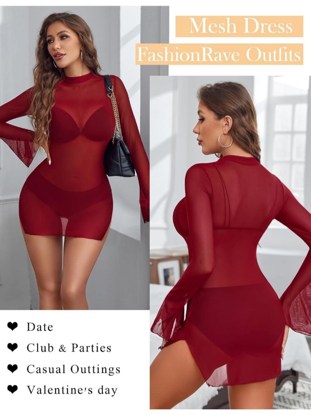 Women's Wine Red Turtle Neck Long Sleeve Pull On Casual Bodycon Mini Dresses - Picture 5 of 6